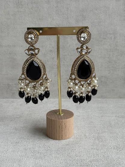Ayura Designs Nageen Earrings – Antique Gold Jhumkis with Black Stones, Mirror-Cut Accents & Pearl Drops