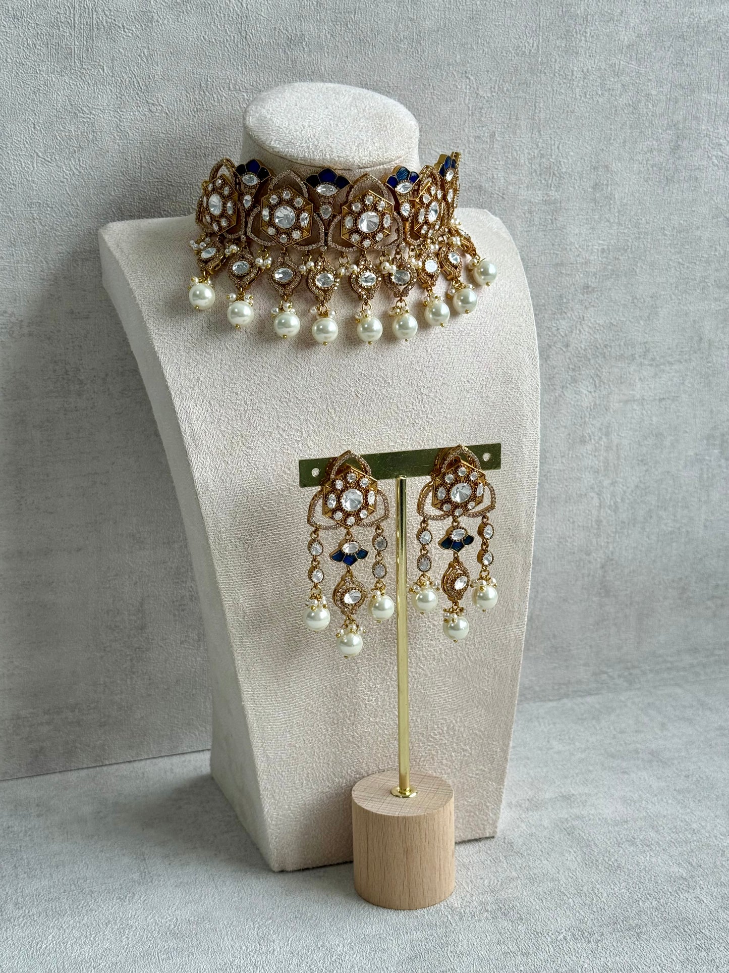 Ayura Designs Serina Choker Set with Earrings – Midnight Blue Enamel, Mirror-Cut Stones & Pearl Drops