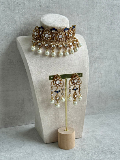 Ayura Designs Serina Choker Set with Earrings – Midnight Blue Enamel, Mirror-Cut Stones & Pearl Drops