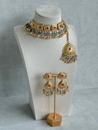 Ayura Designs Chetna Choker Set with Earrings & Tikka – Aqua & Rani Pink Beads, Cream Pearl Drops with Pipal Patti Detailing