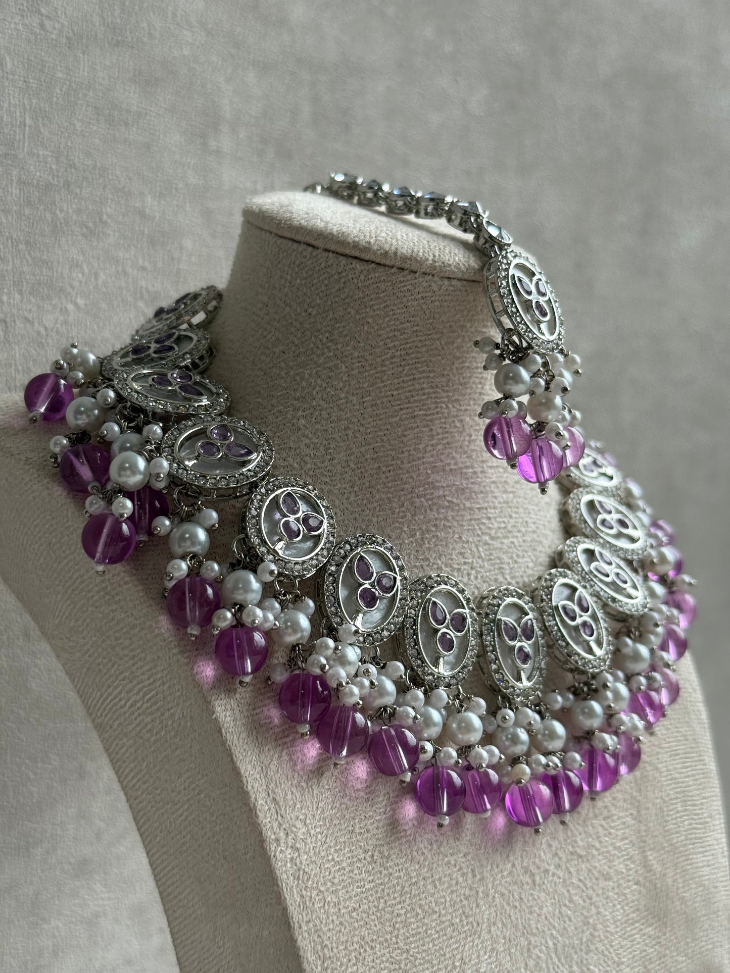 Ayura Designs Linza Set – Necklace, Earrings & Tikka in Aqua Blue & Pearl with Silver Finish