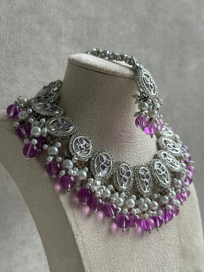 Ayura Designs Linza Set – Necklace, Earrings & Tikka in Aqua Blue & Pearl with Silver Finish