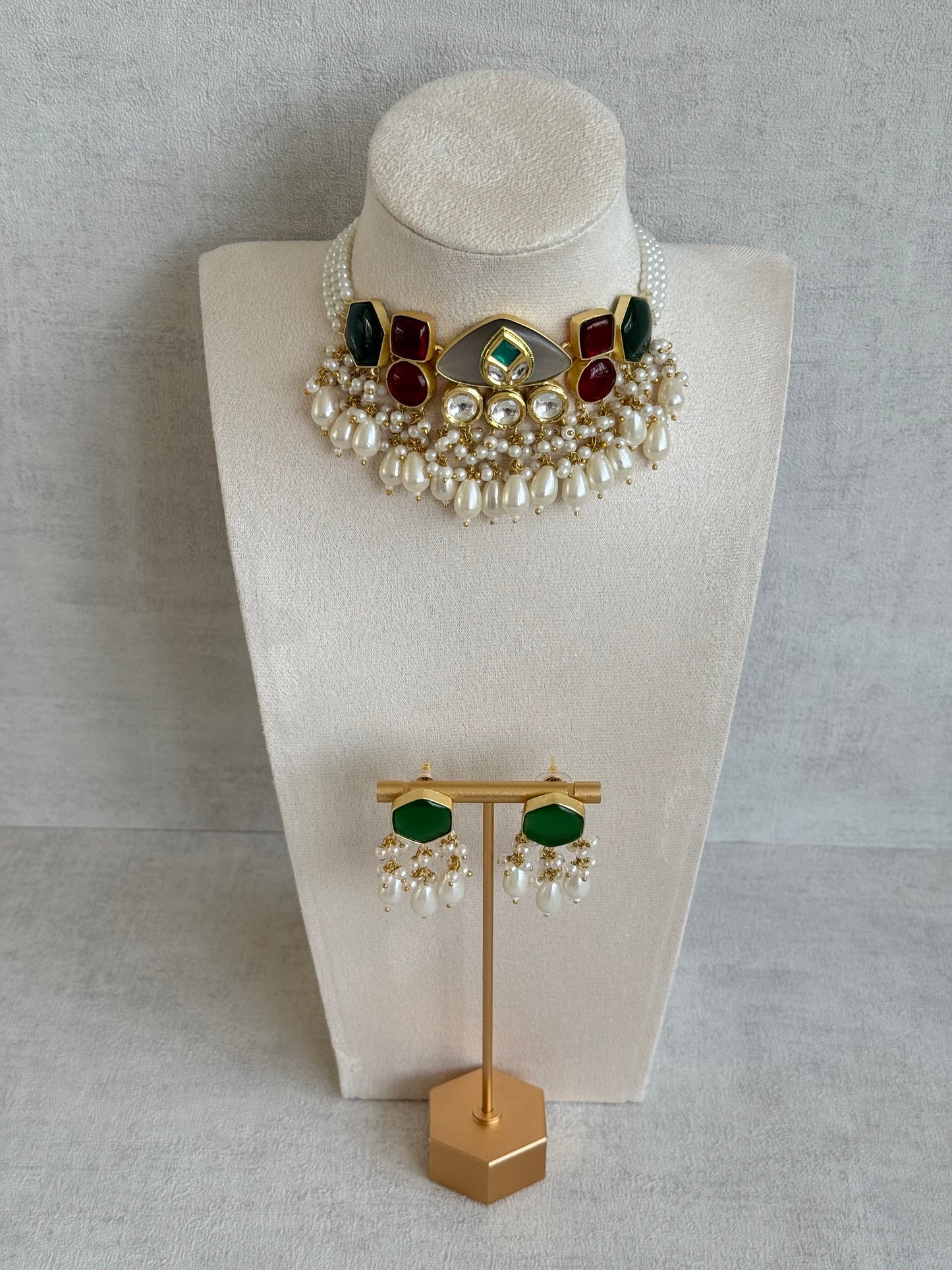 Ayura Designs Vahida Choker Set with Earrings – Multicolour Stone Choker with Pearl Drops & Kundan Detailing