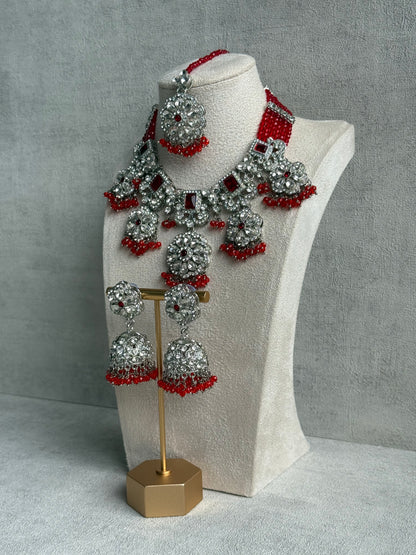 Ayura Designs Zarghuna Set with Jhumkis & Tikka – Orange Beads, Mirror-Cut Stones & Silver Finish