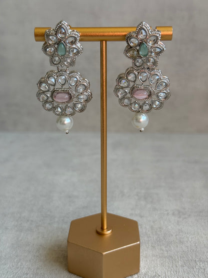 Ayura Designs Sumbul Set with Necklace, Earrings & Tikka – Mint & Blush Stones, Mirror-Cut Accents & Pearl Drops