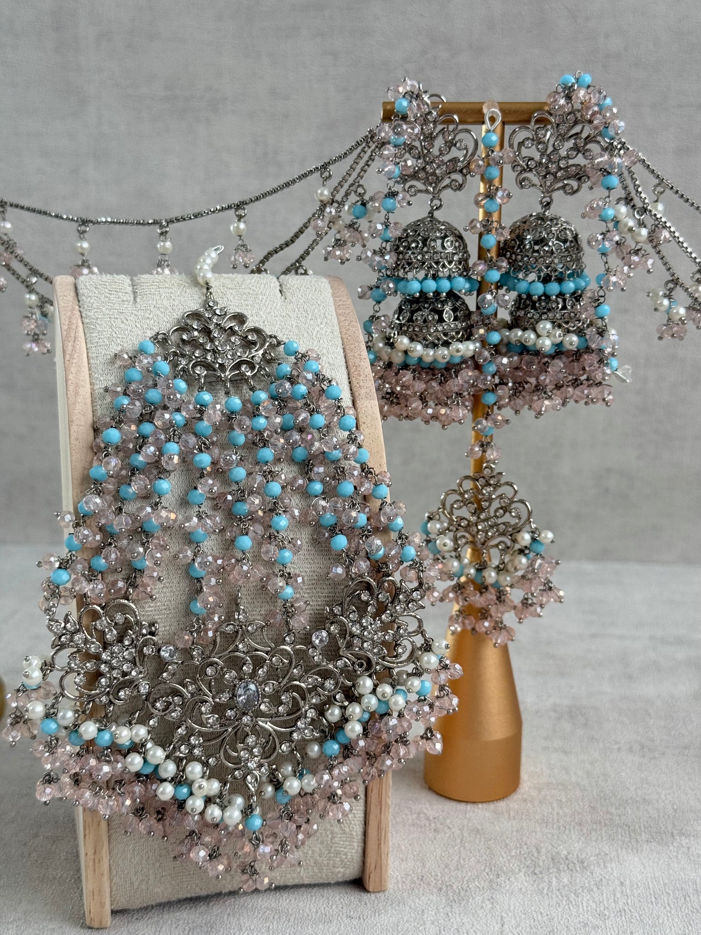 Ayura Designs Arasi Set with Choker, Passa, Tikka & Sahare Jhumkis – Antique Silver with Blush Pink Crystals, Aqua Blue Beads & Ivory Pearls