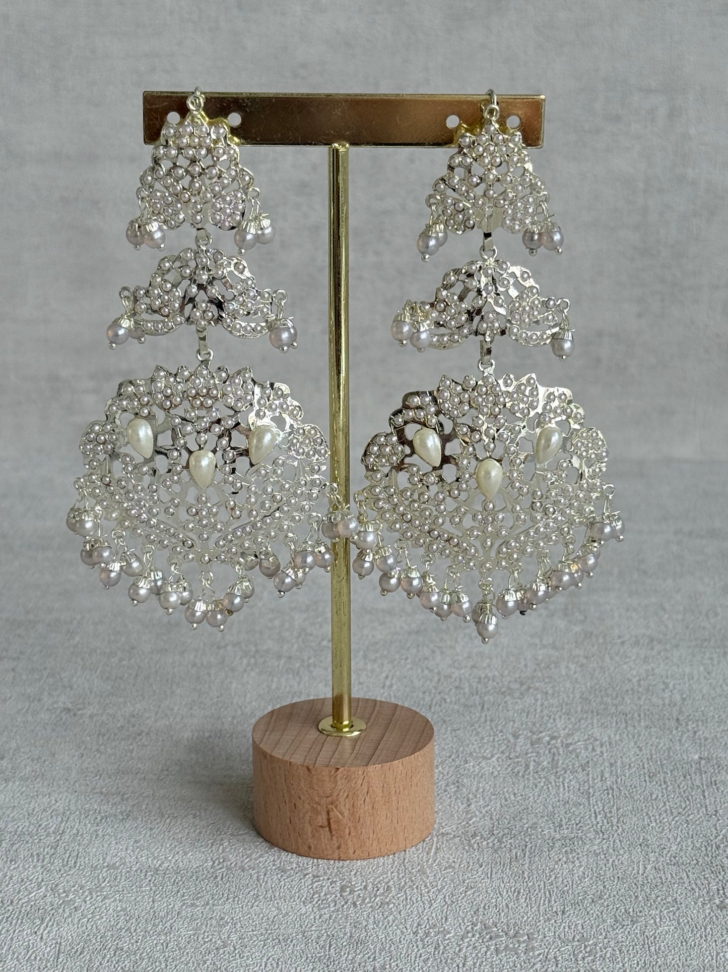 Ayura Designs Zarrar Earrings – Silver Jadau Filigree Statement Earrings with Pearl Drops