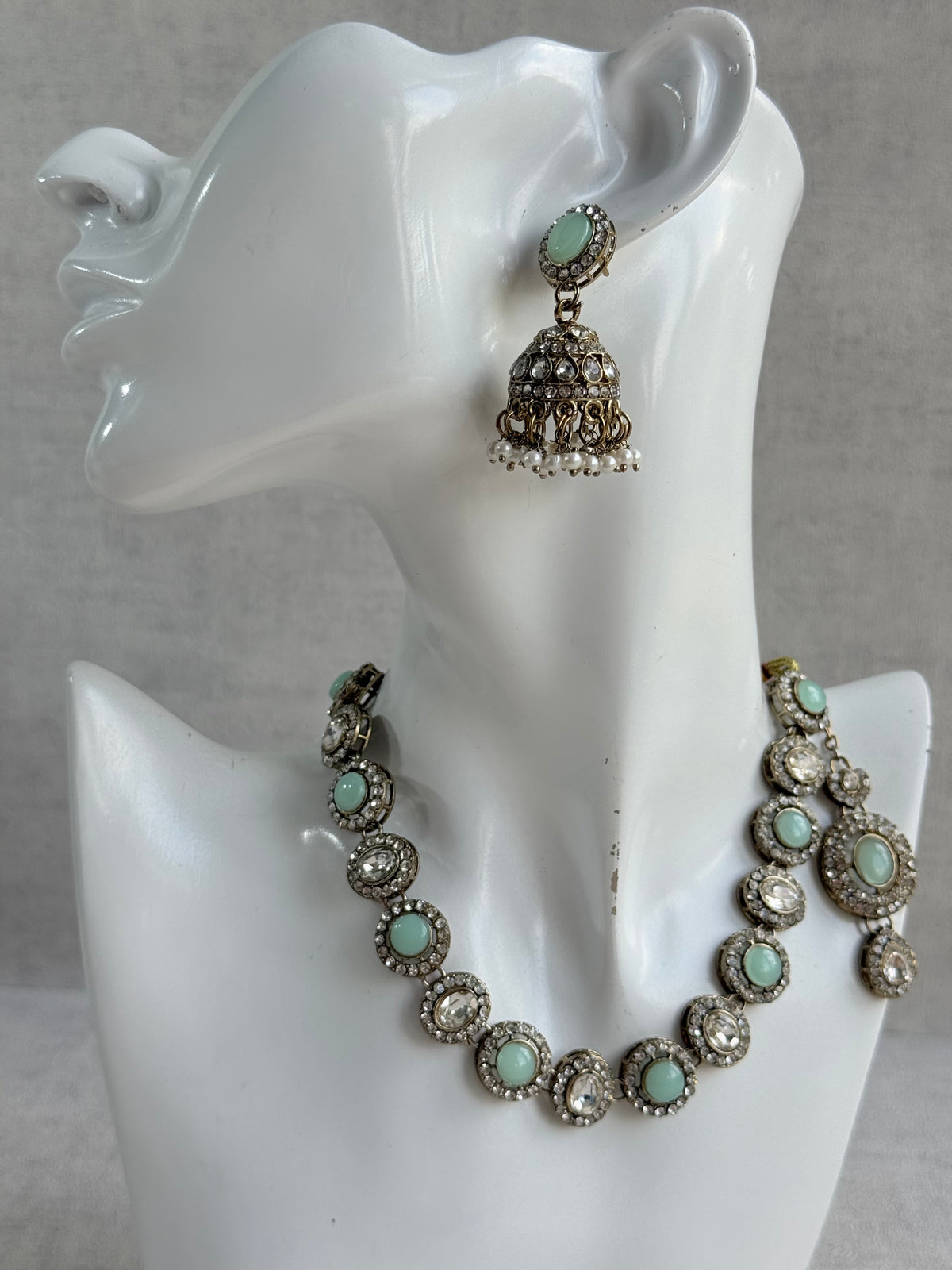 Ayura Designs Eira Necklace Set with Earrings & Tikka – Mint Green & Crystal Stones with Antique Gold Finish