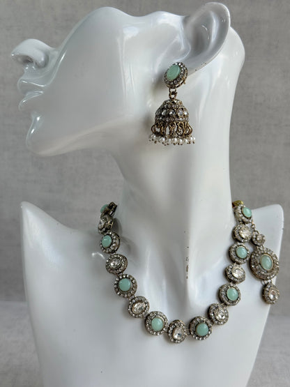 Ayura Designs Eira Necklace Set with Earrings & Tikka – Mint Green & Crystal Stones with Antique Gold Finish