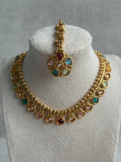 Ayura Designs Amala Set with Necklace, Studs & Tikka – Multicolour Stones & Antique Gold Finish