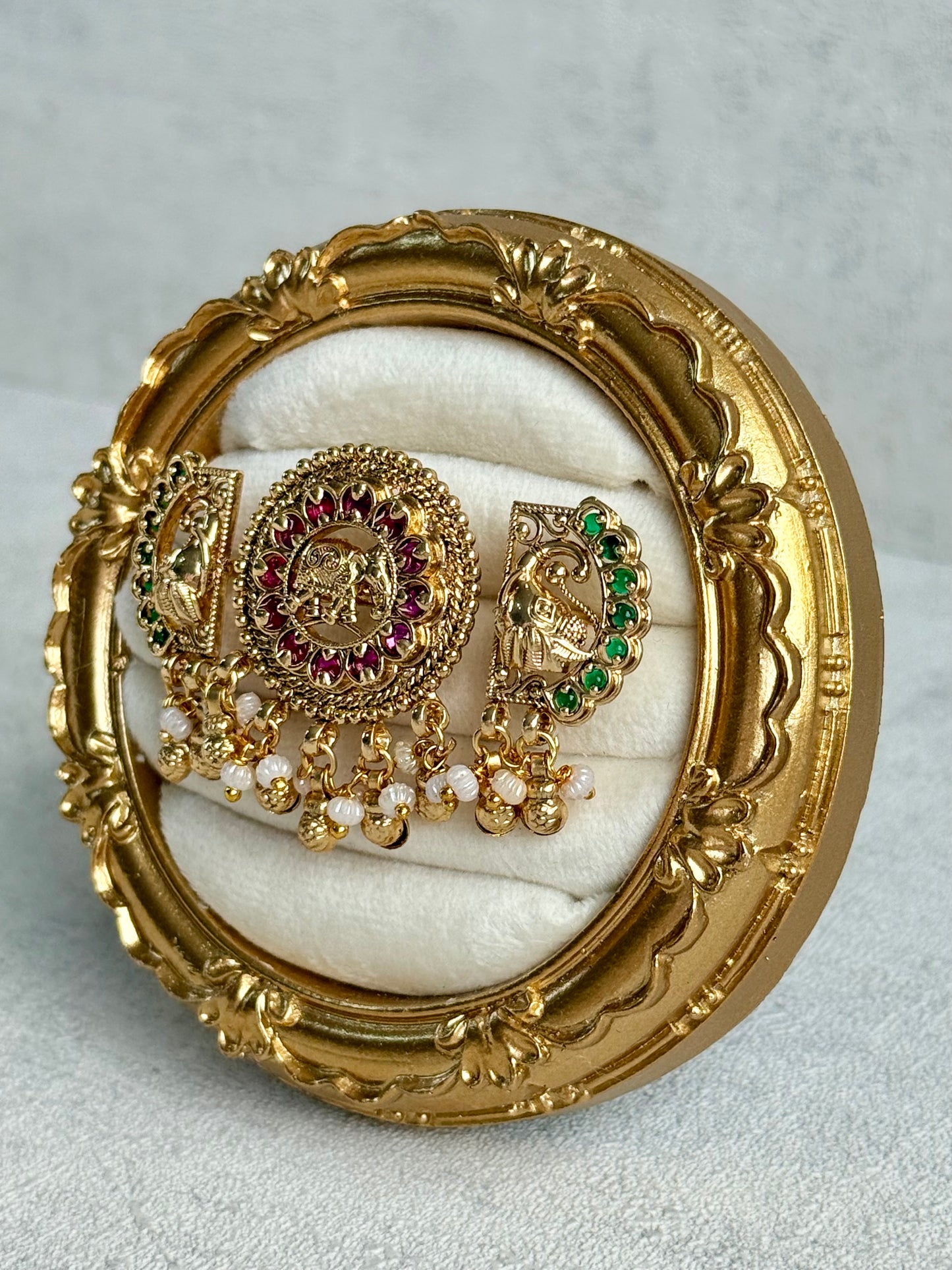 Ayura Designs Nira Adjustable Ring – Jadau-Inspired Gold Elephant Motifs with Rani Pink & Emerald Green Stones, Pearl Drops & Ghungroos