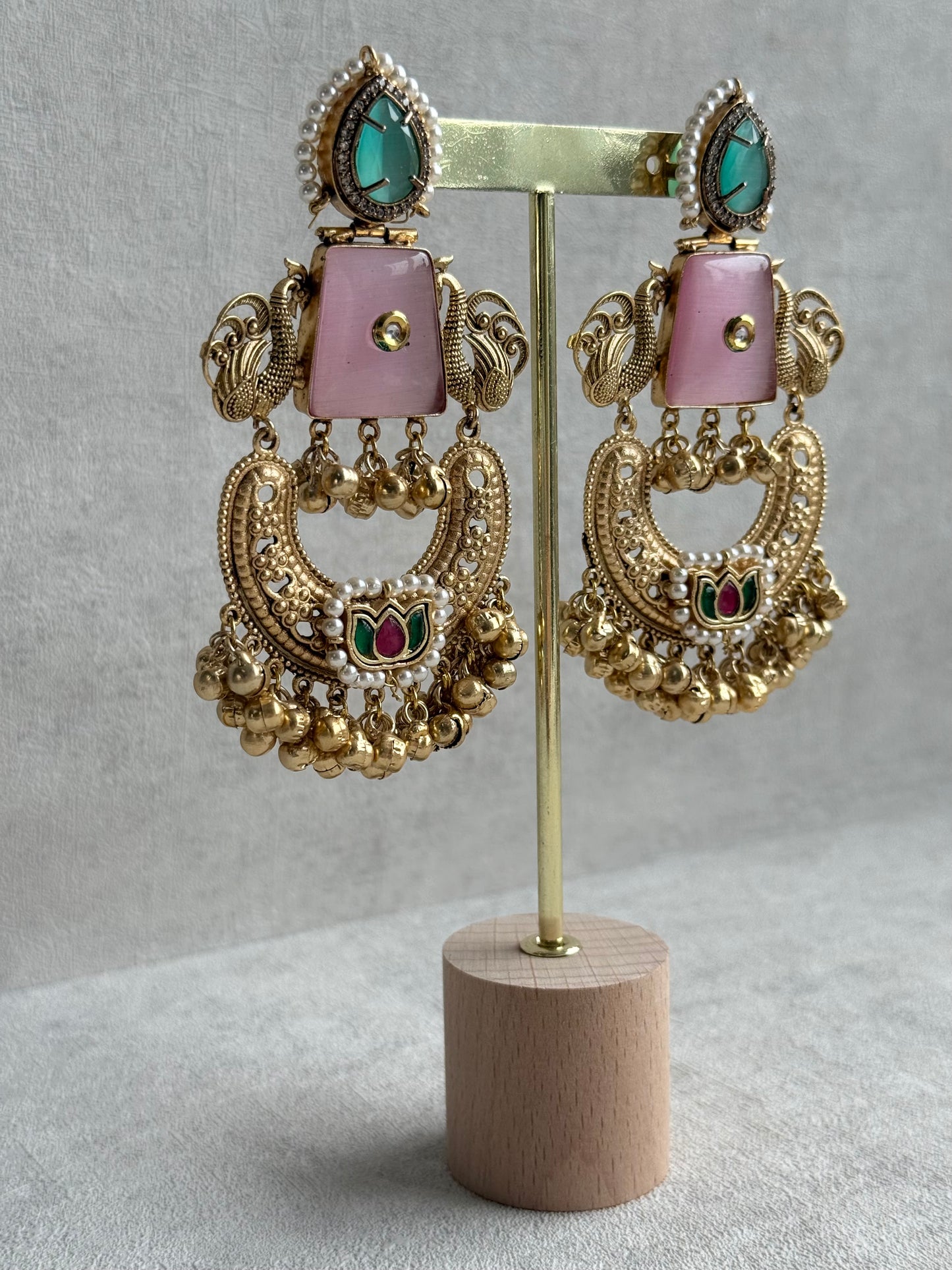 Ayura Designs Sahar Earrings – Statement Earrings with Blush Pink Stone, Mint Green Accents & Ghungroo Detailing