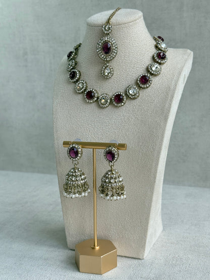 Ayura Designs Eira Necklace Set with Earrings & Tikka – Plum & Crystal Stones with Antique Gold Finish