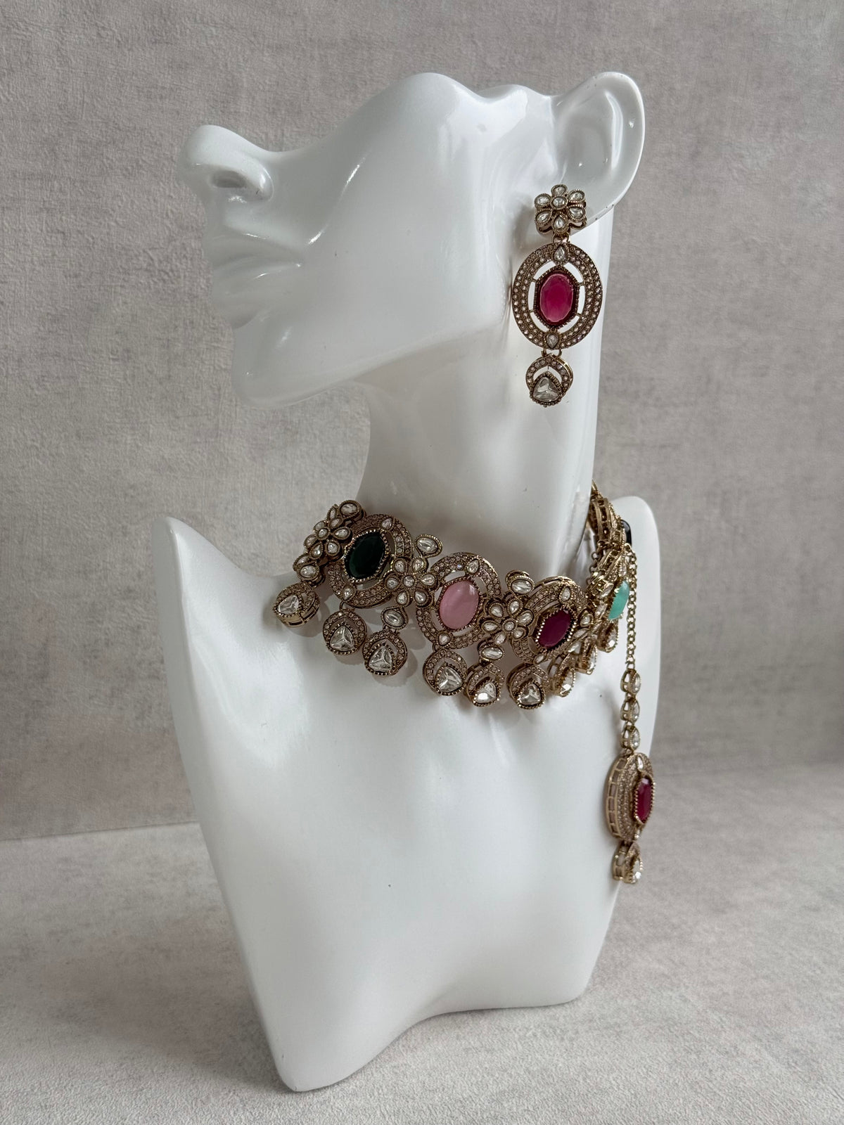 Ayura Designs Emanya Choker Set – Choker, Earrings & Tikka with Mirror-Cut Stones, Multicolour & Antique Gold Detailing