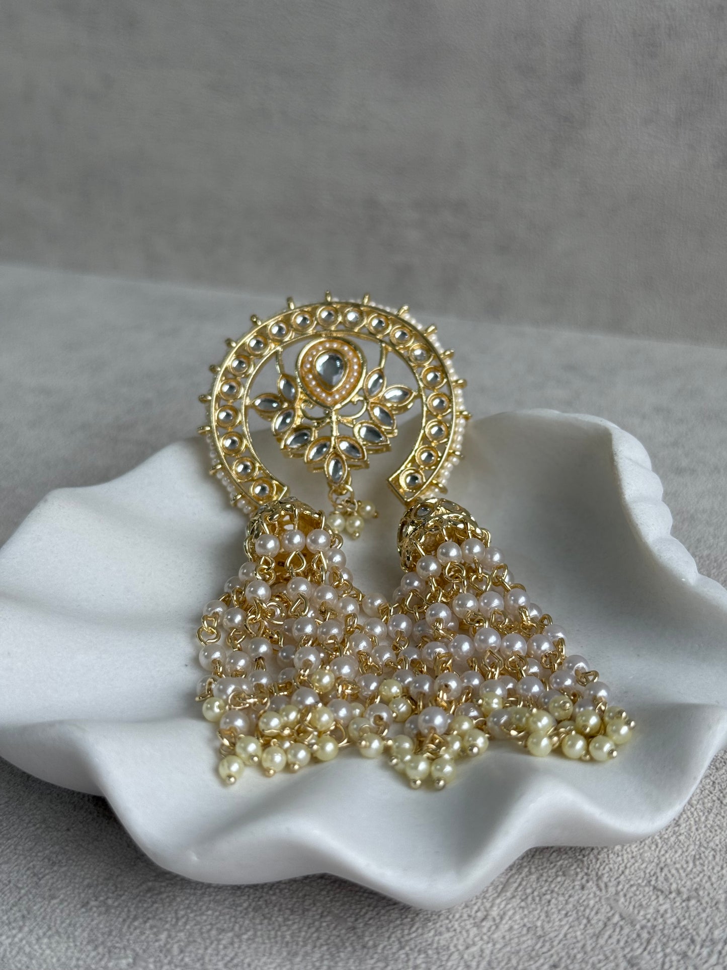 Ayura Designs Kamya Hair Brooch – Polki Crescent with Pearl Tassels in Gold Finish