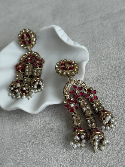 Ayura Designs Soraya Earrings – Fuchsia & Champagne Stones with Pearl Drops & Gold Finish