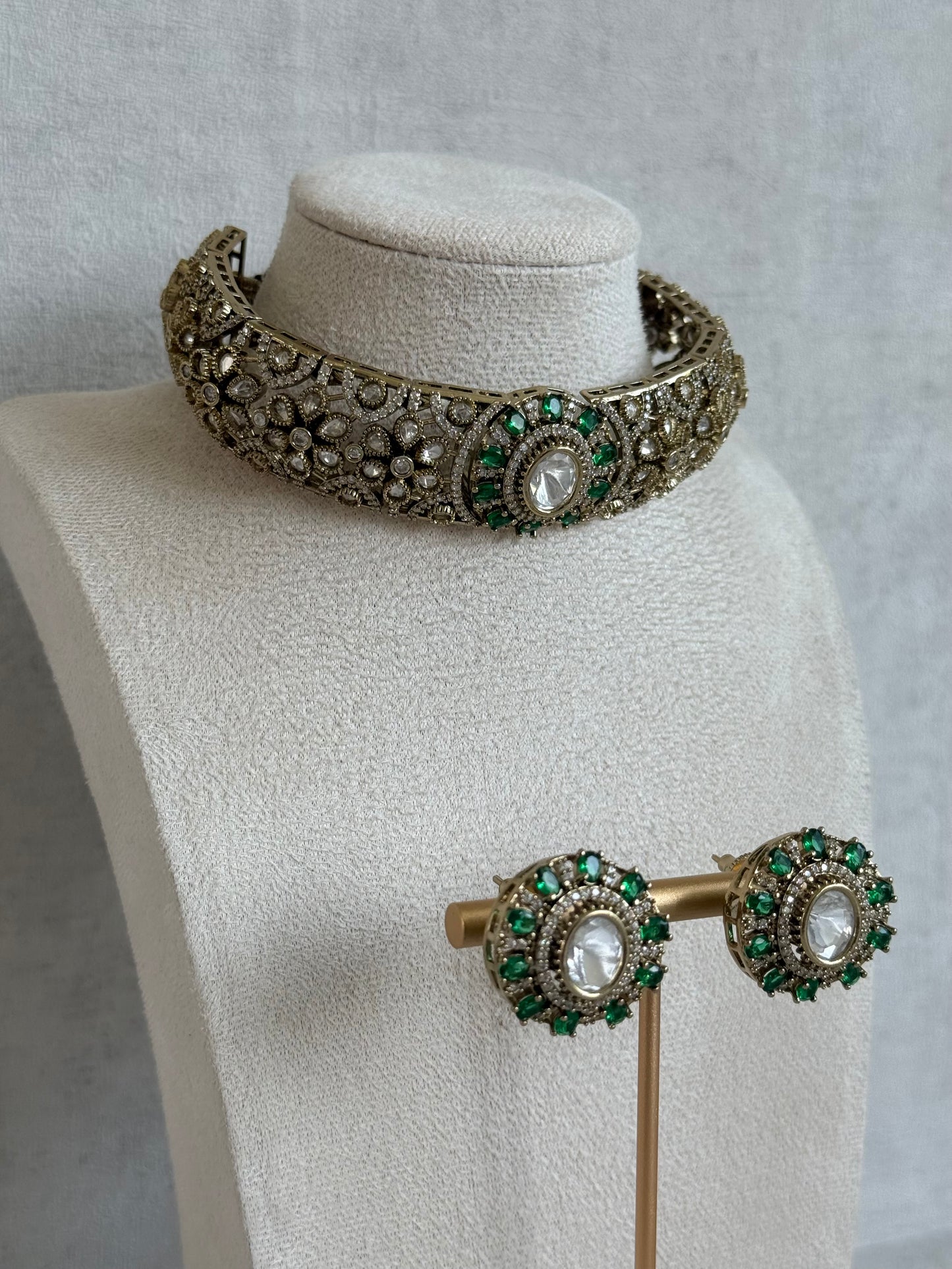 Ayura Designs Genevieve Choker Set with Studs – Emerald Green Crystal Kundan in Antique Gold