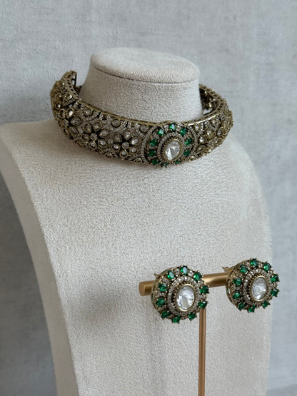Ayura Designs Genevieve Choker Set with Studs – Emerald Green Crystal Kundan in Antique Gold