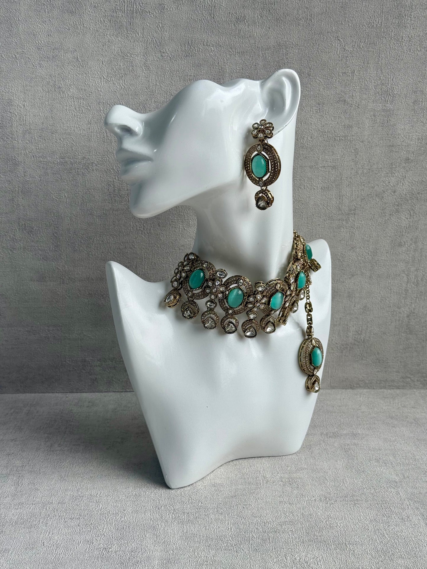 Ayura Designs Emanya Choker Set – Choker, Earrings & Tikka with Mirror-Cut Stones, Aqua & Antique Gold Detailing