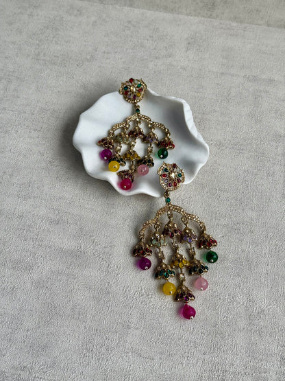 Ayura Designs Jasmine Earrings – Chandelier Earrings with Multicolour Beads & Antique Gold Detailing