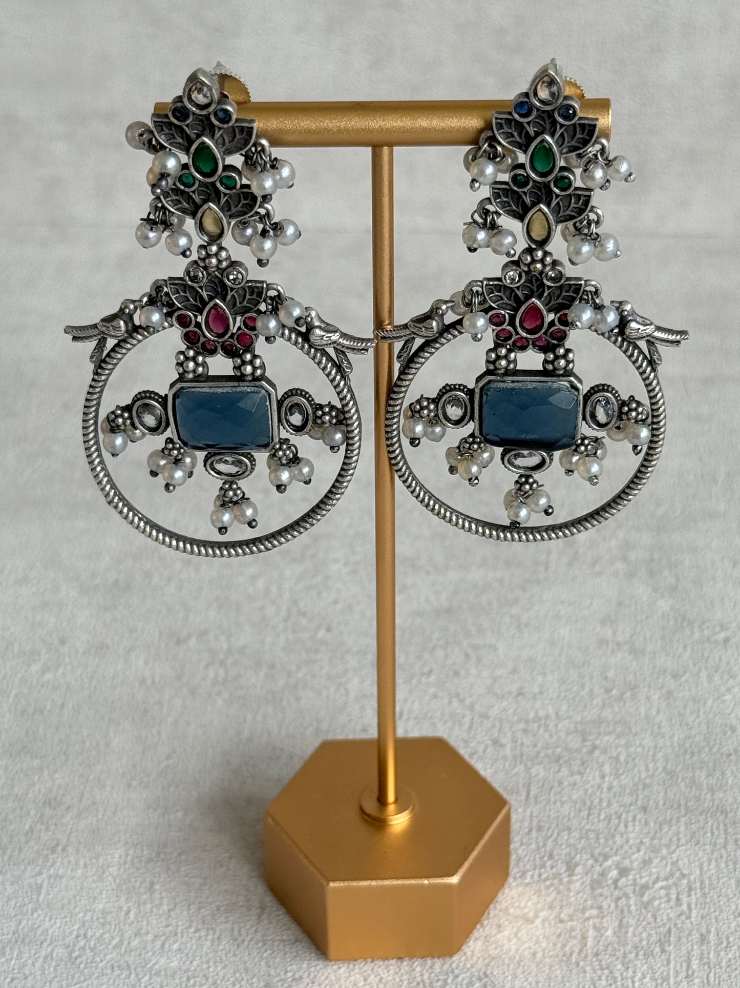 Ayura Designs Katha Earrings – Oxidised Statement Earrings with Multicolour Stonework & Pearl Detailing