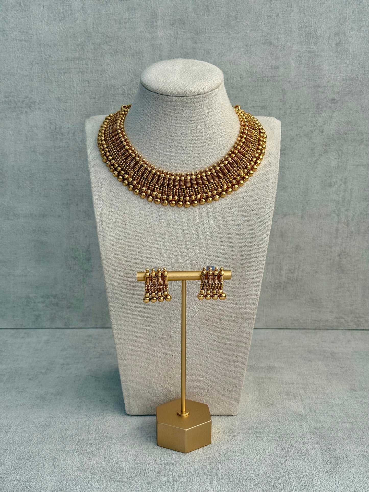Ayura Designs Lavanya Set with Necklace & Earrings – Matte Antique Gold Beaded Design