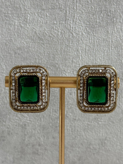Ayura Designs Nabiha Choker Set with Studs – Emerald Green Stones, Pearl Detailing & Antique Gold Finish