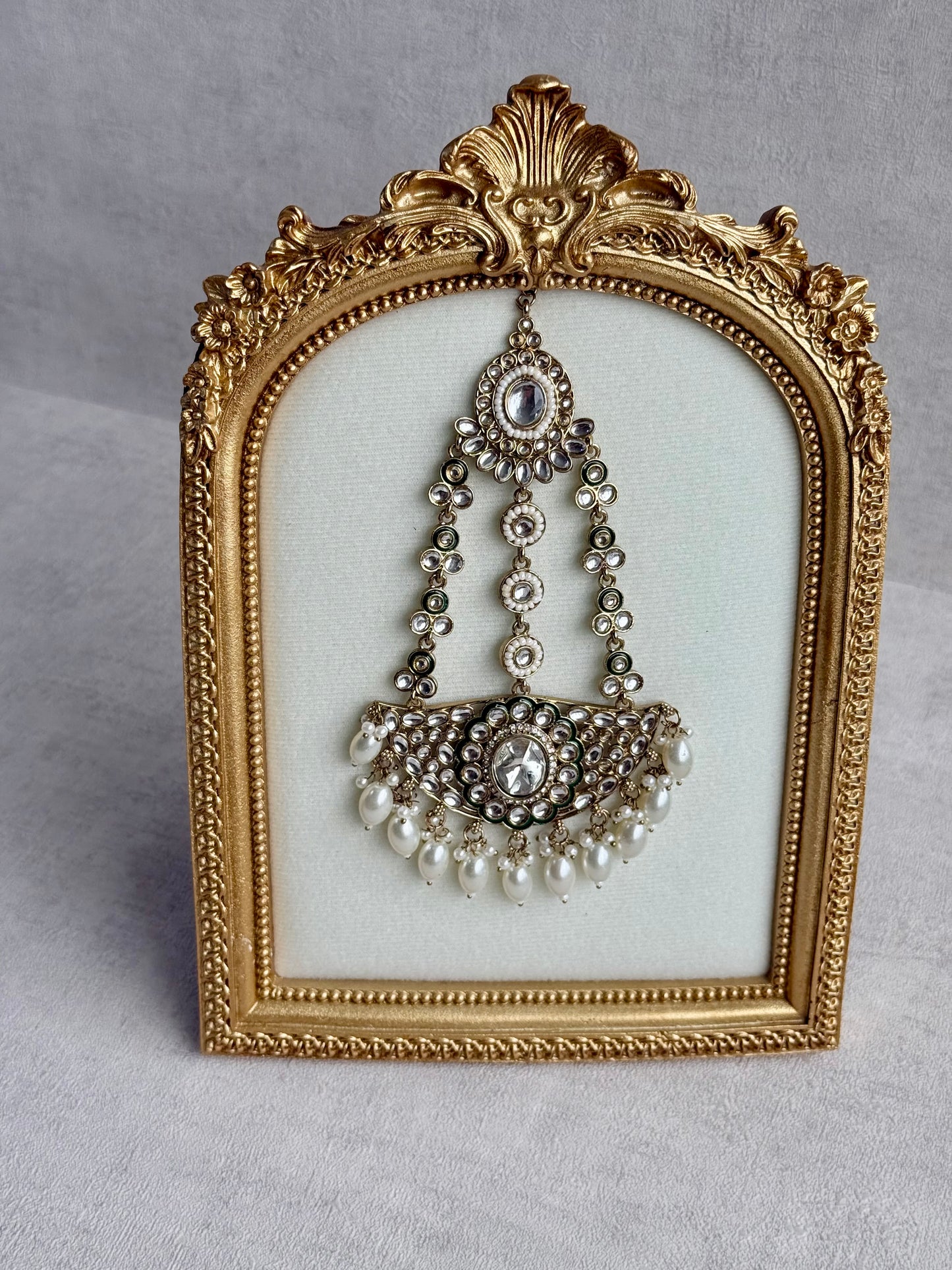 Ayura Designs Uma Jhoomar Passa – Kundan Jhoomar with Ivory Pearl Drops & Green Enamel Detailing