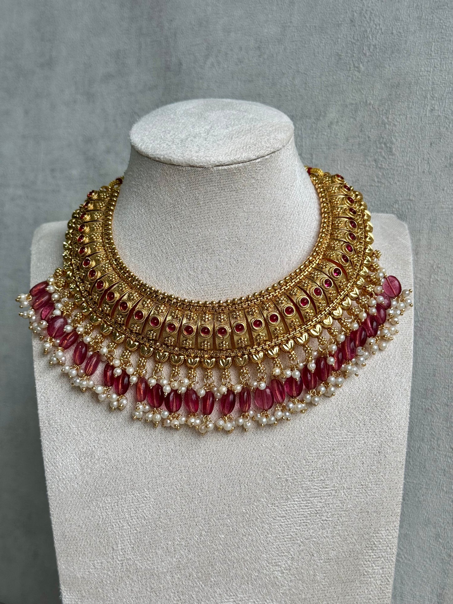 Ayura Designs Gulab Set with Jhumkis – Opulent Gold Adorned with Red & White Beads