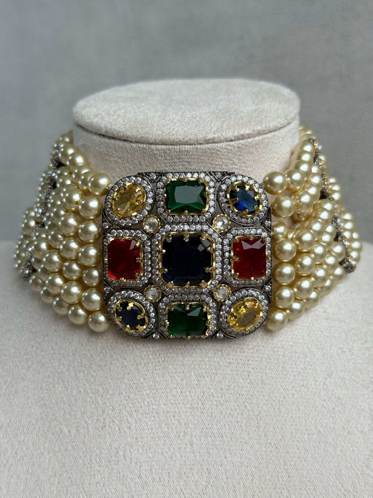 Ayura Designs Amelia Choker Set with Earrings – Moissanite Stonework with Layered Pearls in Antique Silver Finish (Deep Jewel Tones)