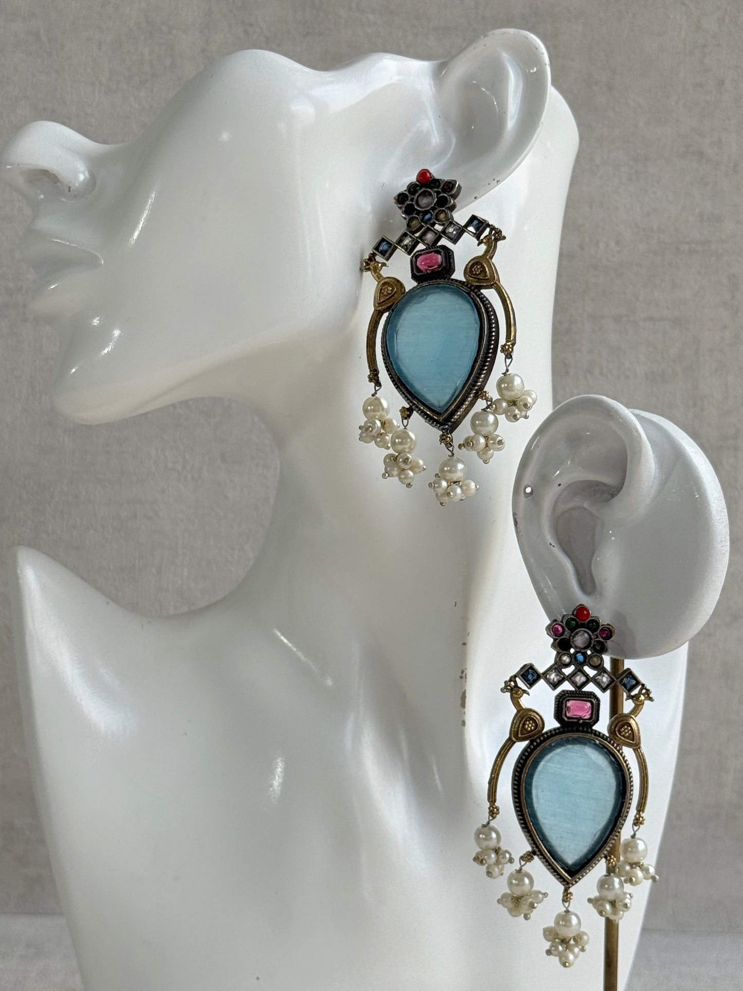 Ayura Designs Kafila Earrings – Dual Tone Oxidised Earrings with Peacock Motifs, Aqua Blue & Multicolour Stones