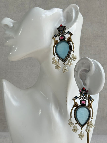Ayura Designs Kafila Earrings – Dual Tone Oxidised Earrings with Peacock Motifs, Aqua Blue & Multicolour Stones