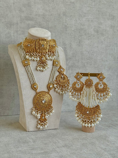 Ayura Designs Mannat Bridal Set with Choker, Haar, Earrings, Tikka & Passa – Ivory Pearls & Antique Gold Finish