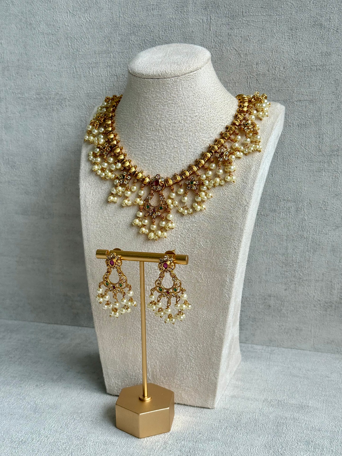 Ayura Designs Chaaya Set – Necklace & Earrings with Kundan Stones, Pink & Emerald Accents, and Pearl Detailing
