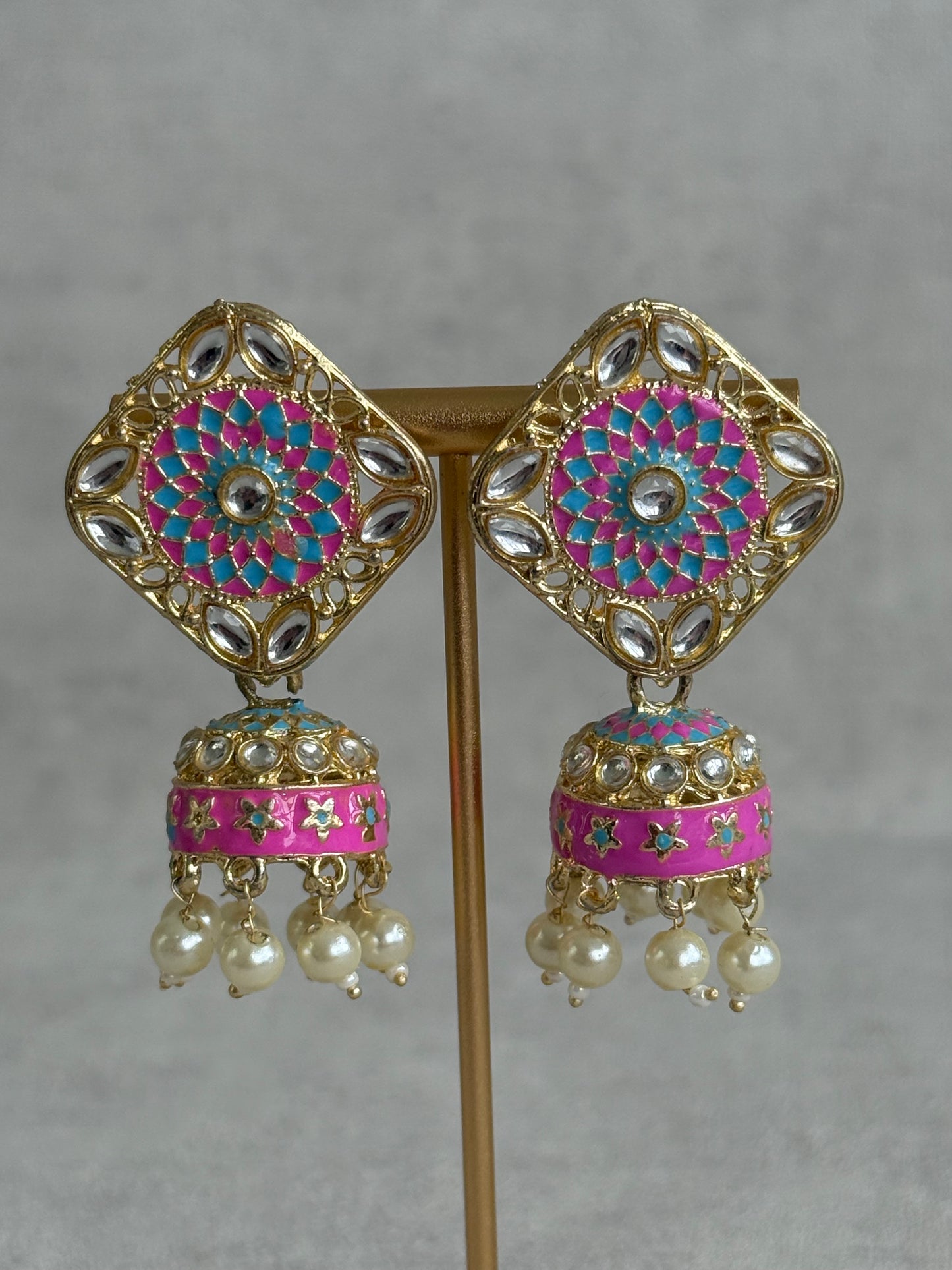 Ayura Designs Rangoli Jhumkis – Aqua Blue & Hot Pink Meenakari with Pearl Drops in Antique Gold Finish