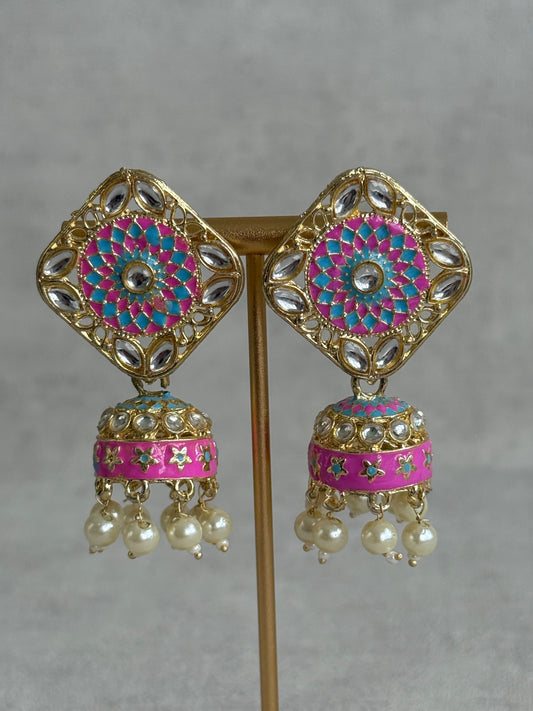 Ayura Designs Rangoli Jhumkis – Aqua Blue & Hot Pink Meenakari with Pearl Drops in Antique Gold Finish