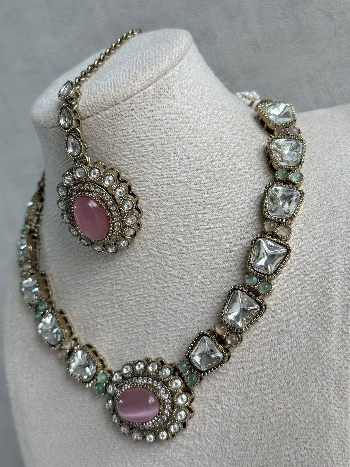 Ayura Designs Inza Necklace Set – Blush Pink & Mint Green Stones, Kundan & Crystals with Antique Gold Finish
