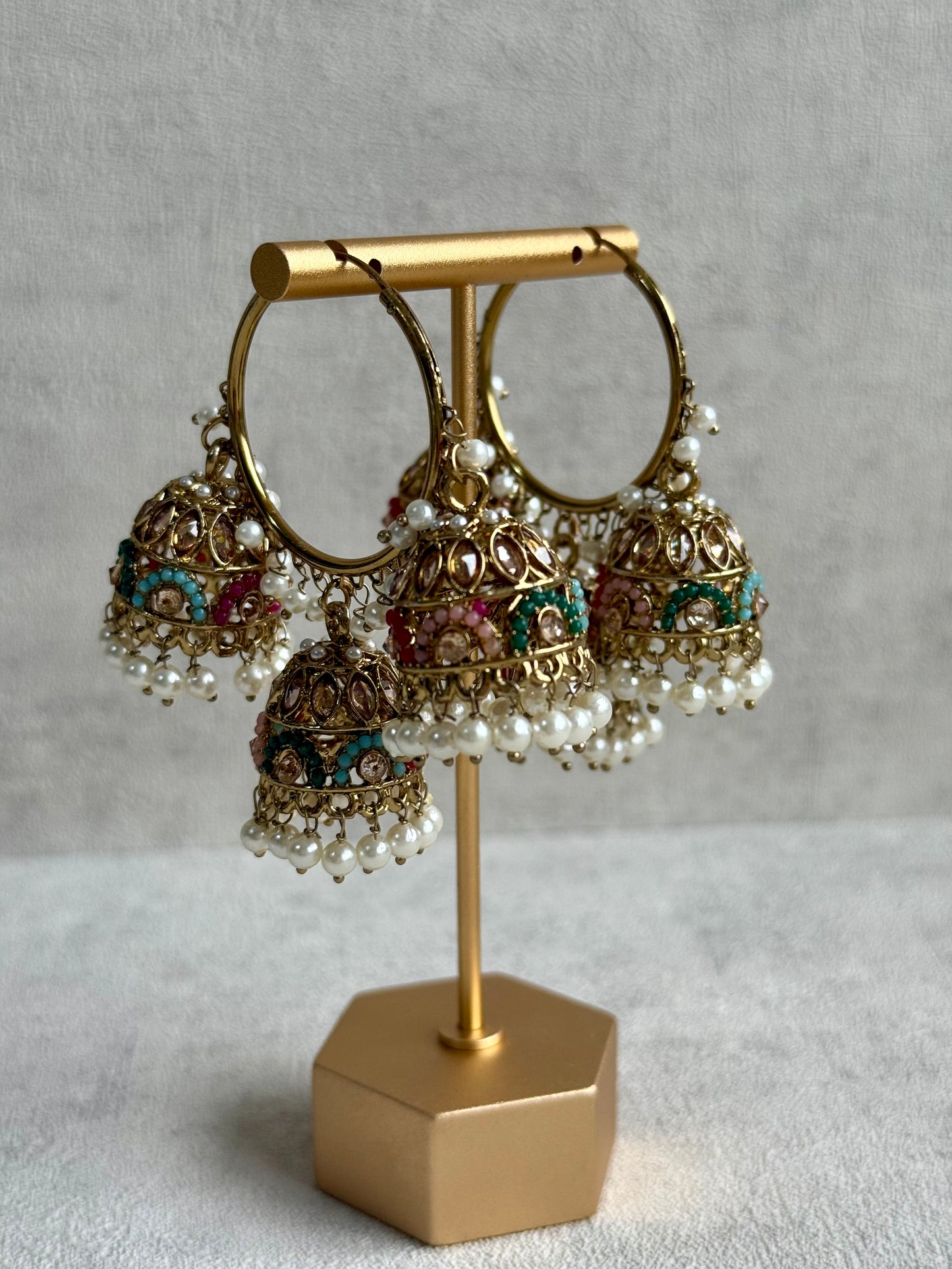 Ayura Designs Nakhra Balis – Multicolour Triple Dome Earrings with Mirror-Cut Stones & Pearl Detailing
