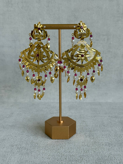 Ayura Designs Baisakhi Set with Earrings & Tikka – Gold Pipal Patti Design with Ruby Pink Beads & Pearl Detailing