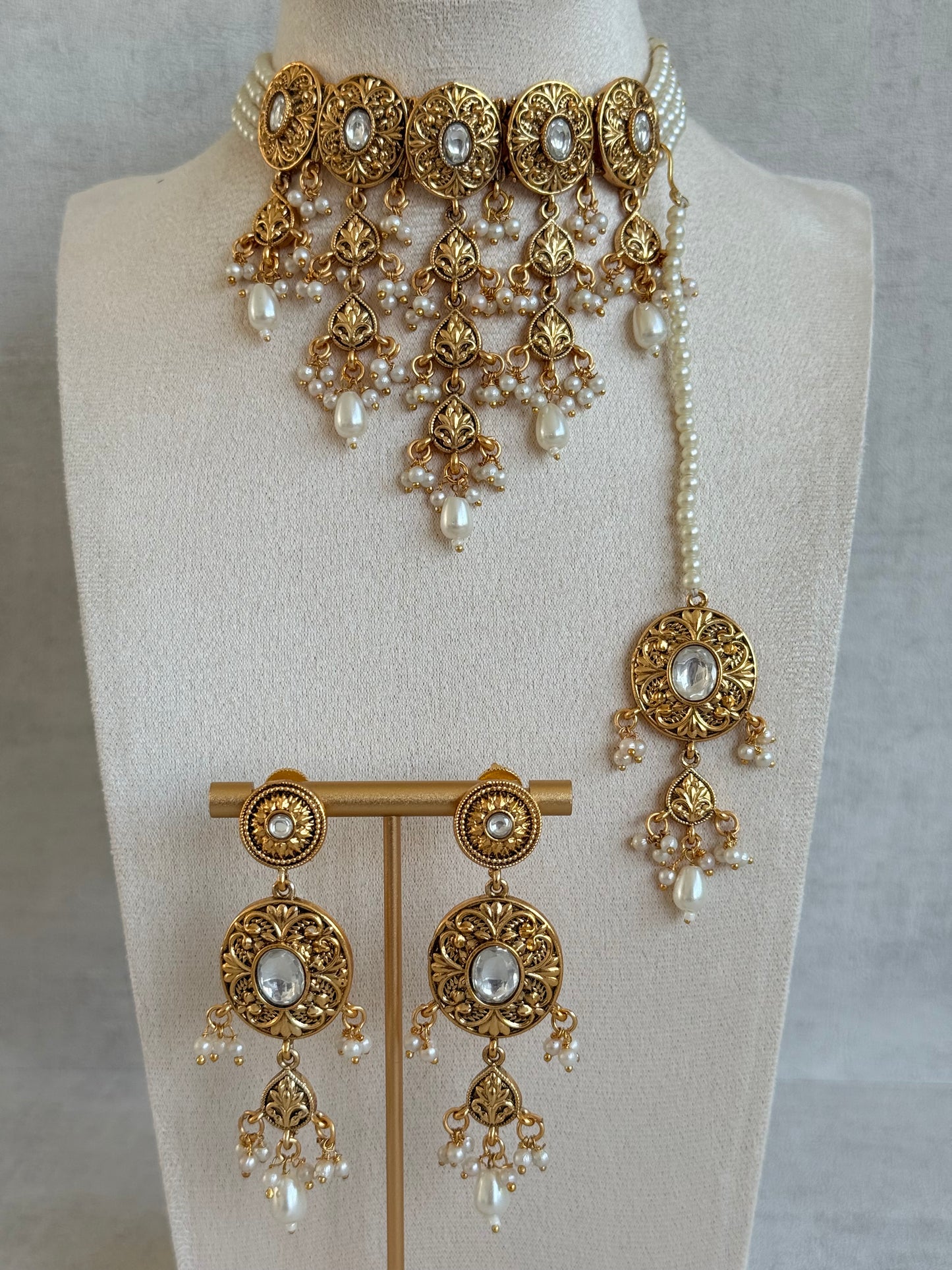 Ayura Designs Mohak Choker Set with Earrings & Tikka – Gold Waterfall Design with Kundan & Pearl Drops