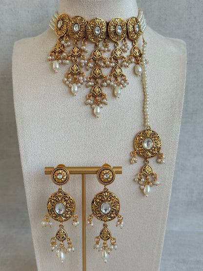 Ayura Designs Mohak Choker Set with Earrings & Tikka – Gold Waterfall Design with Kundan & Pearl Drops