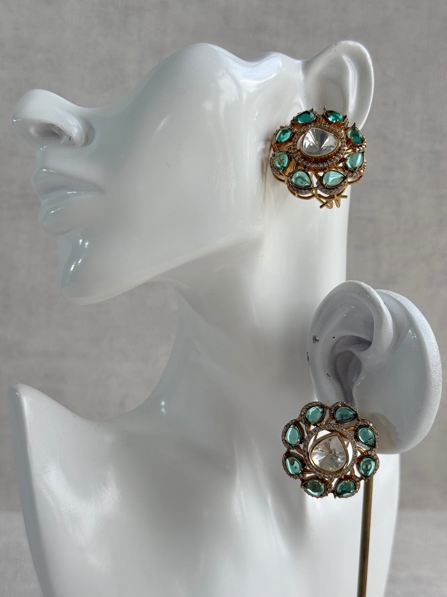 Ayura Designs Giana Stud Earrings – Aqua Green & Crystal Kundan with Gold Finish