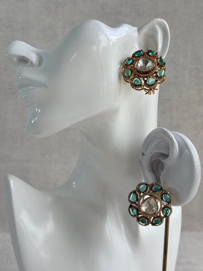 Ayura Designs Giana Stud Earrings – Aqua Green & Crystal Kundan with Gold Finish