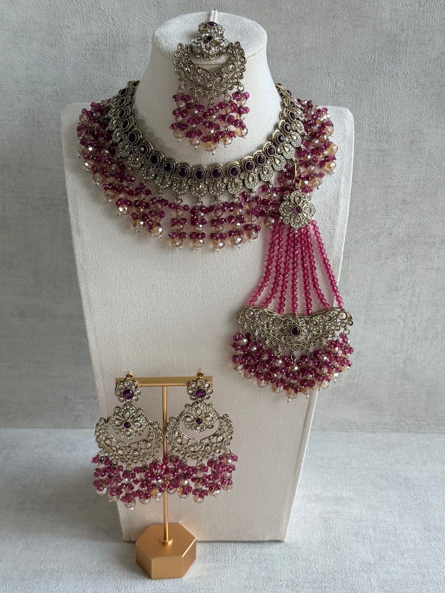 Ayura Designs Dilnaz Necklace Set with Earrings, Tikka & Passa – Berry Pink & Champagne Crystal Beads & Antique Gold Finish