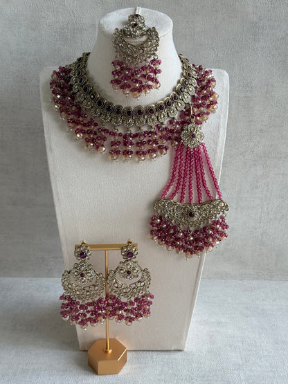 Ayura Designs Dilnaz Necklace Set with Earrings, Tikka & Passa – Berry Pink & Champagne Crystal Beads & Antique Gold Finish