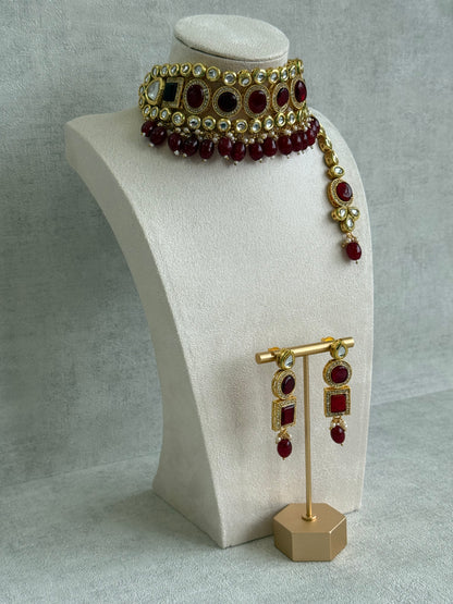 Ayura Designs Ishi Set With Choker, Earrings & Tikka – Kundan Stones With Deep Maroon Beads