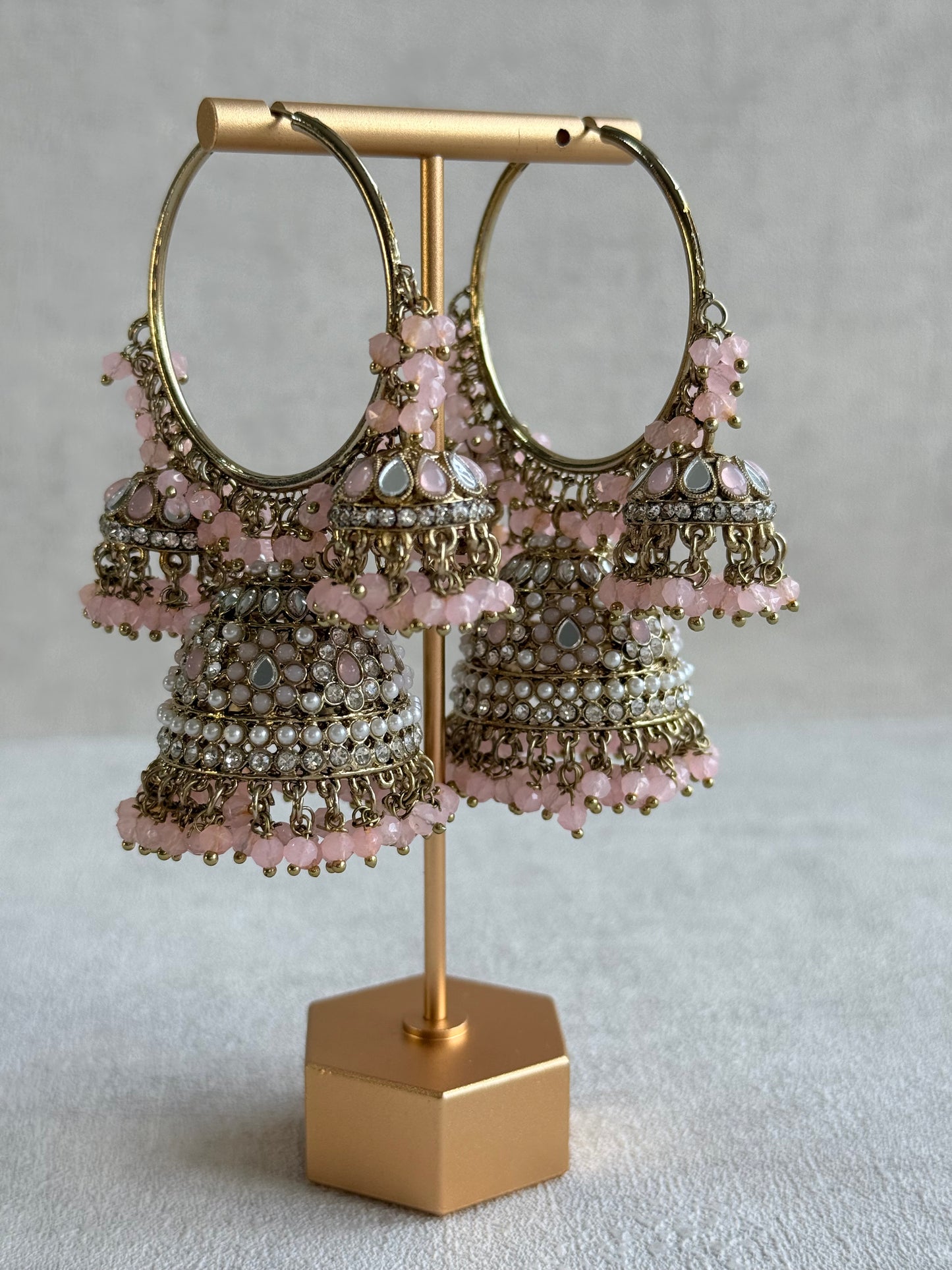 Ayura Designs Jindri Balis – Blush Pink & Antique Gold Triple Jhumki Earrings with Mirror-Cut Stones & Pearl Detailing