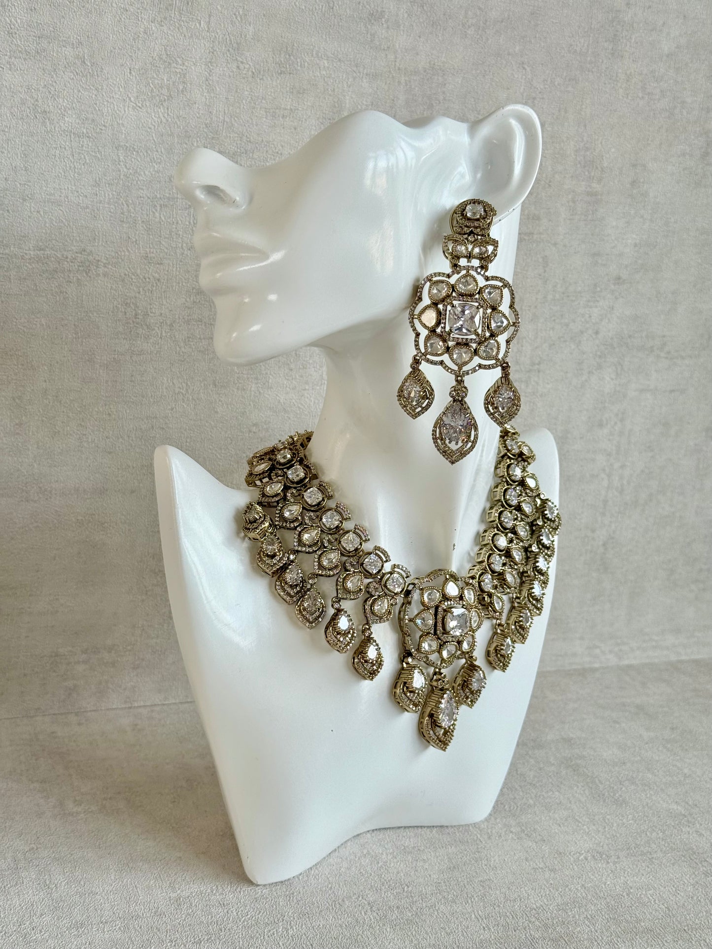 Ayura Designs Kiyah Bridal Set with Necklace, Earrings & Tikka – Moissanite Stones with Antique Gold Finish
