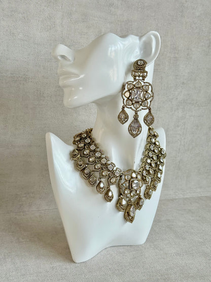 Ayura Designs Kiyah Bridal Set with Necklace, Earrings & Tikka – Moissanite Stones with Antique Gold Finish