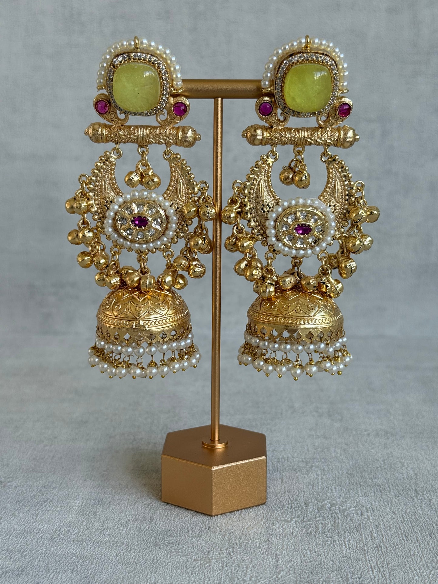Ayura Designs Mahwish Jhumkis – Lime Yellow Stones, Pearls & Ghungroo Detailing
